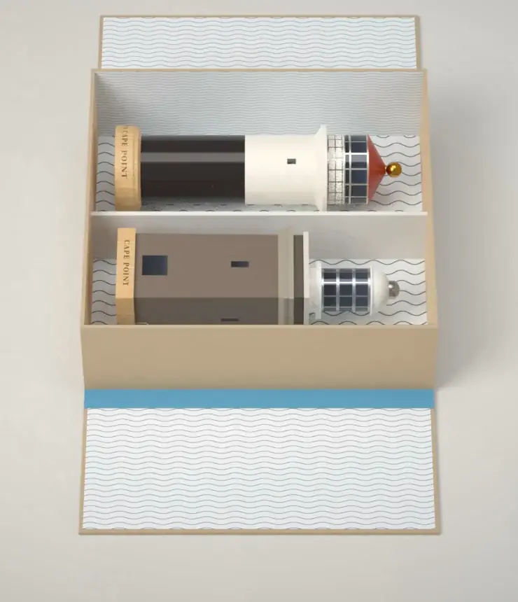 Old Cape Point and Cape Point Icon mills lying side by side in an open kraft double gift box with a wave printed lining