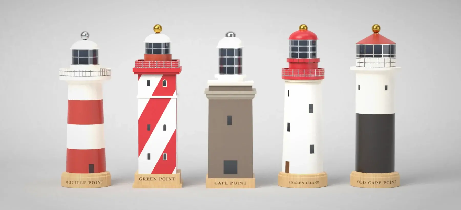 The five Cape Town Icons hand turned to one matching size: Mouille Point, Green Point, Cape Point, Robben Island and Old Cape Point.