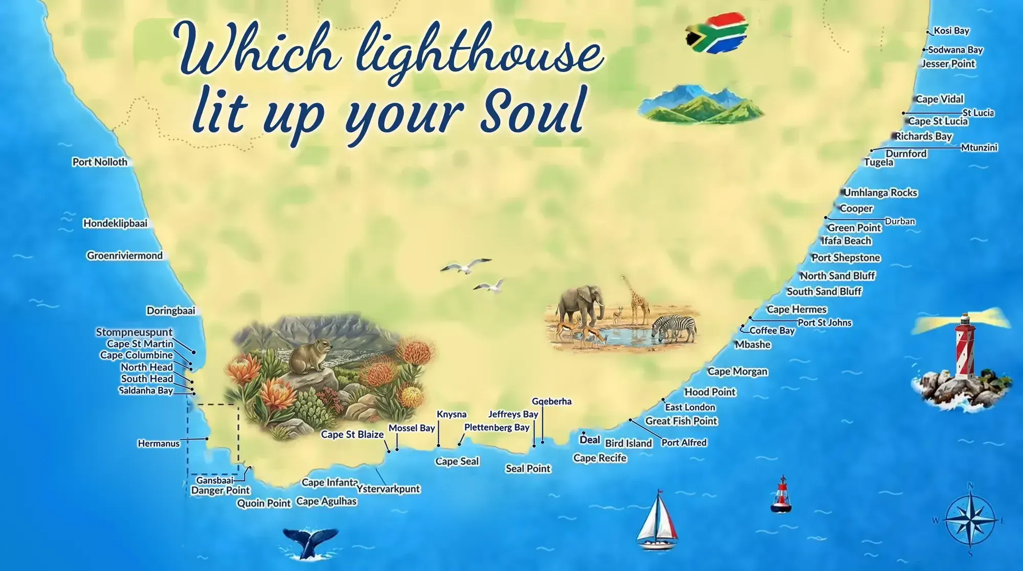 Map of the South African coastline with the lighthouses of the Lighthouse Mill collection