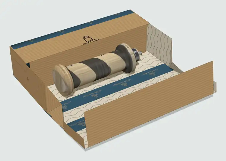 The double box with one door open, showing the first mill on its wave patterned lining