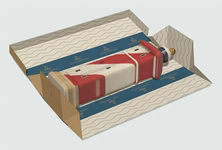 The single box opened flat like a book, showing a lighthouse mill lying on a wave patterned paper lining with sea blue tape across the folds