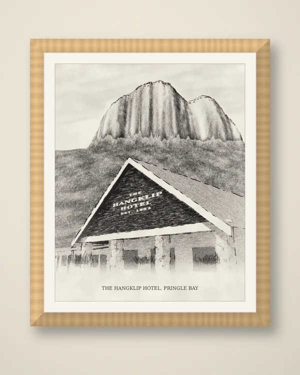 Charcoal drawing of the Hangklip Hotel beneath Hangklip mountain, framed in maple