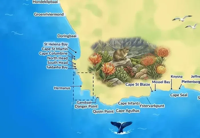 Part of the Lighthouse Mill map: the West Coast and the Cape with its lighthouses