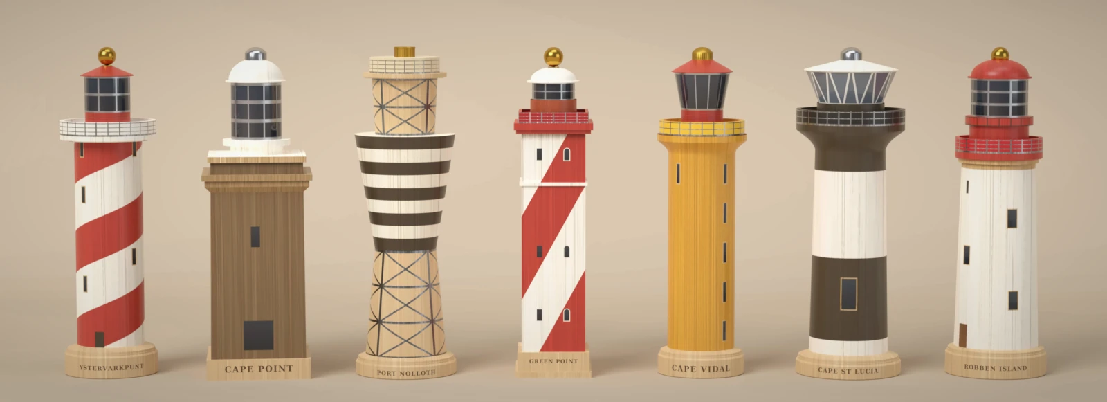 Seven lighthouse grinder designs: Ystervarkpunt, Cape Point, Port Nolloth, Green Point, Cape Vidal, Cape St Lucia and Robben Island