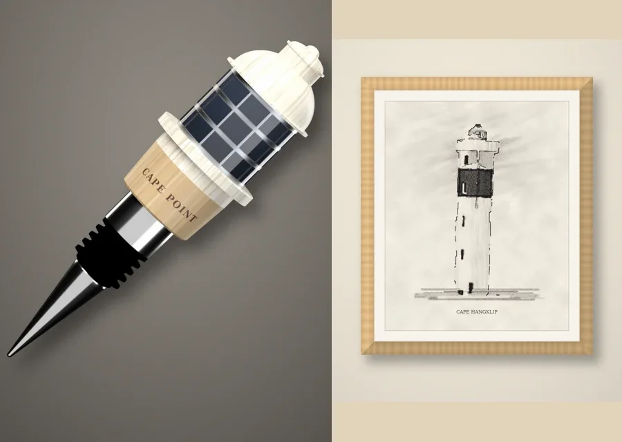 The Cape Point Lantern wine stopper beside the framed charcoal drawing of Cape Hangklip