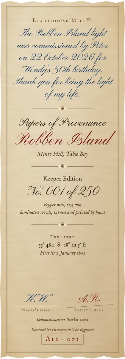 Personalised papers of provenance: a handwritten birthday message in calligraphy above the Robben Island provenance details